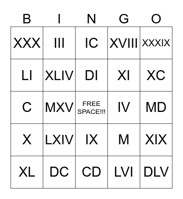 Ancient Roman Numerals Bingo Card