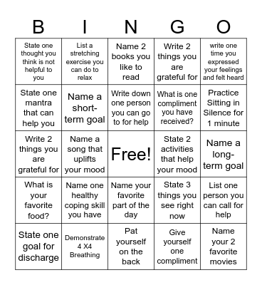 Mental Health Bingo Card