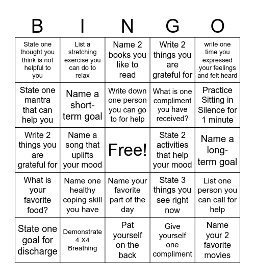 Mental Health Bingo Card