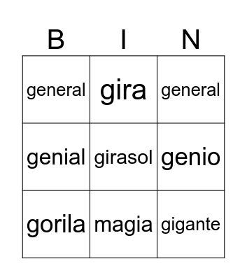 Silabas con ge, gi Bingo Card