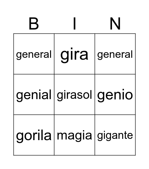 Silabas con ge, gi Bingo Card