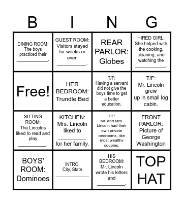 Lincoln's Home Virtual Tour Bingo Card
