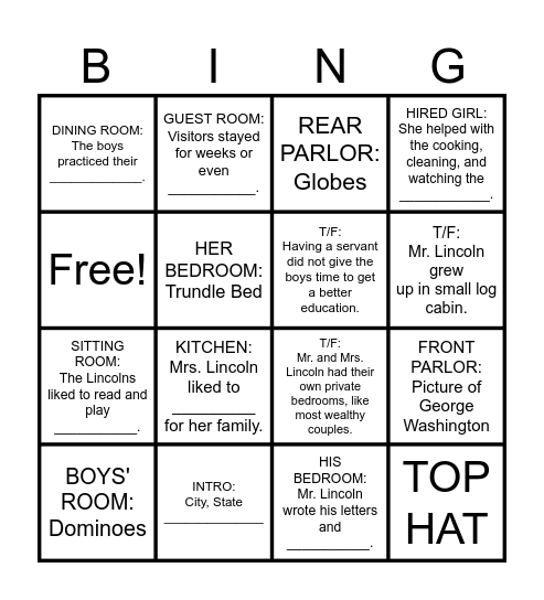 Lincoln's Home Virtual Tour Bingo Card