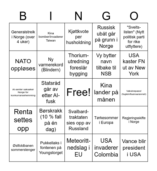 BINGO! 2026 Bingo Card