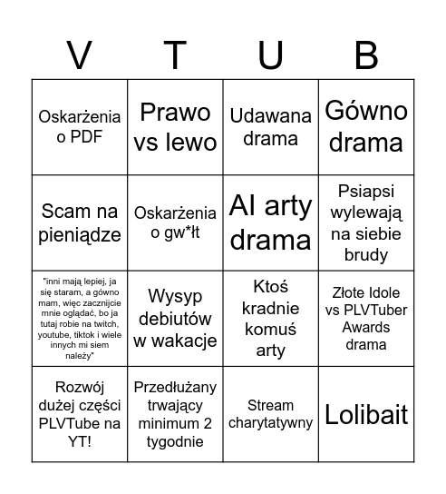 PLVTuber bingo Card