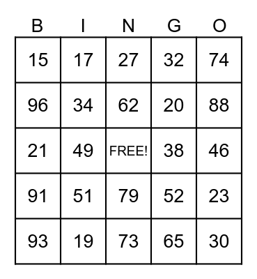 NUMBER LINE BINGO Card