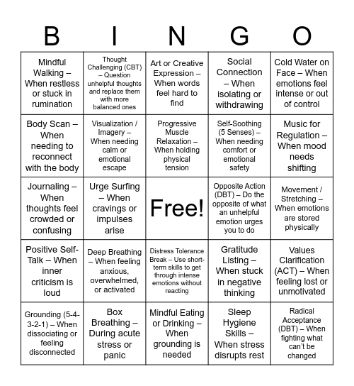 Coping Skills and When To Use Them! Bingo Card