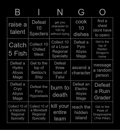 Genshin Lockout Bingo Card