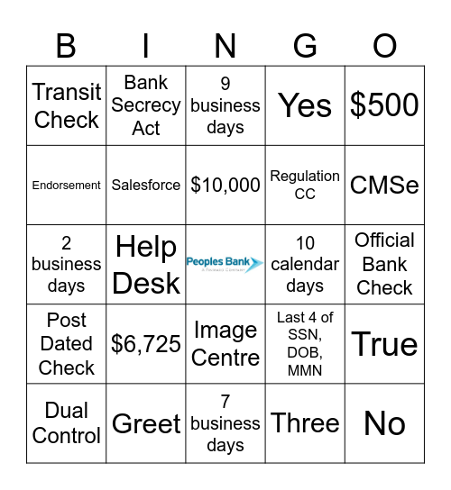 Peoples Bank Bingo Card