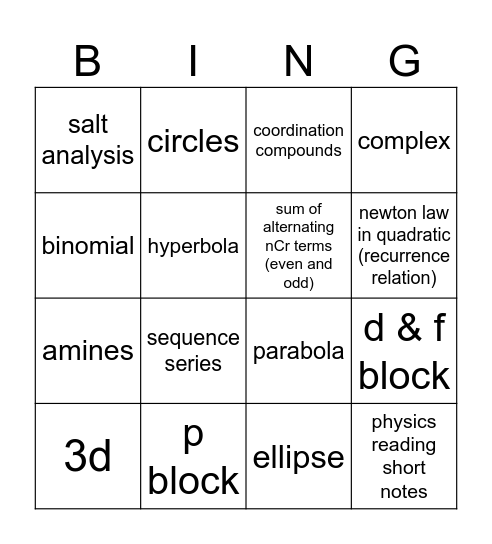 Revision Bingo Card