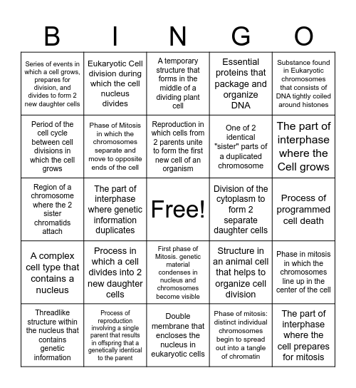 Cell Mitosis Bingo Card
