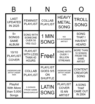 PLAYLIST BINGO Card