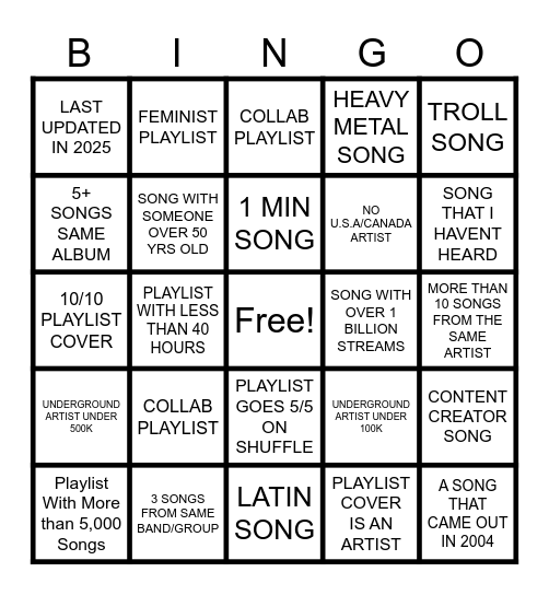 PLAYLIST BINGO Card