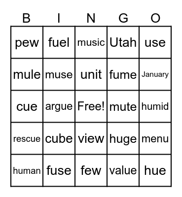 Long U Bingo Card