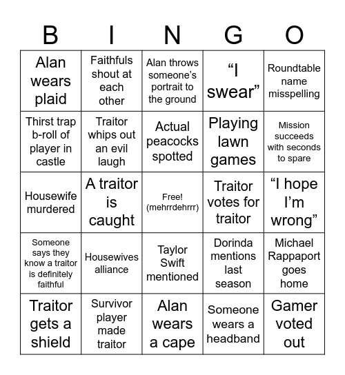 Traitors Season 4 Bingo Card