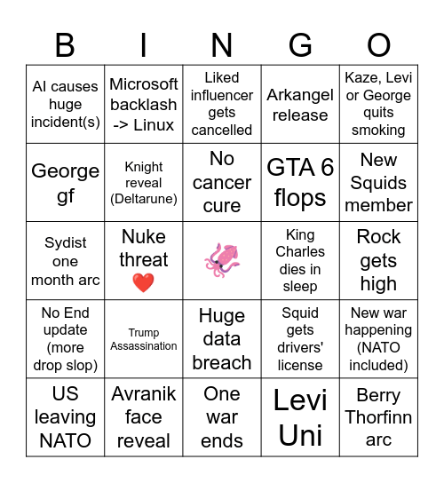 Squids '26 Bingo Card