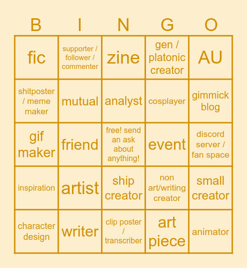 TPP Bingo: Tell me about a beloved... Bingo Card