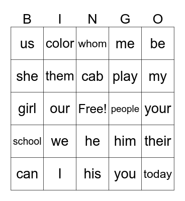 pronouns Bingo Card