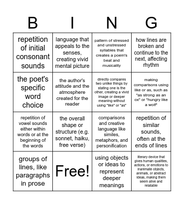 Poetry Definitions Bingo Card