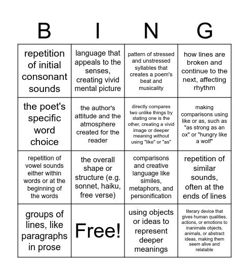 Poetry Definitions Bingo Card