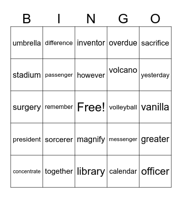 Multisyllabic 9/10 Bingo Card