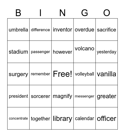 Multisyllabic 9/10 Bingo Card