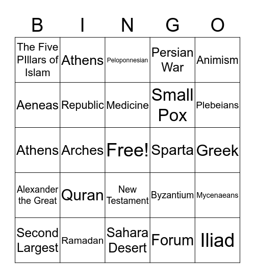 7th Grade World History Review  Bingo Card