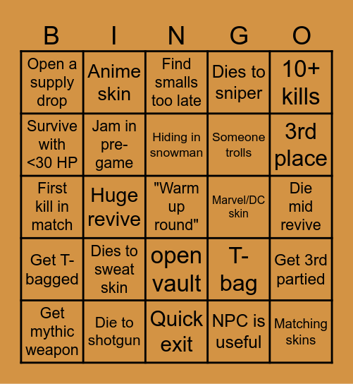 Fortnite Bingo Card