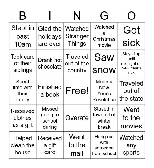 Winter Break Bingo Card