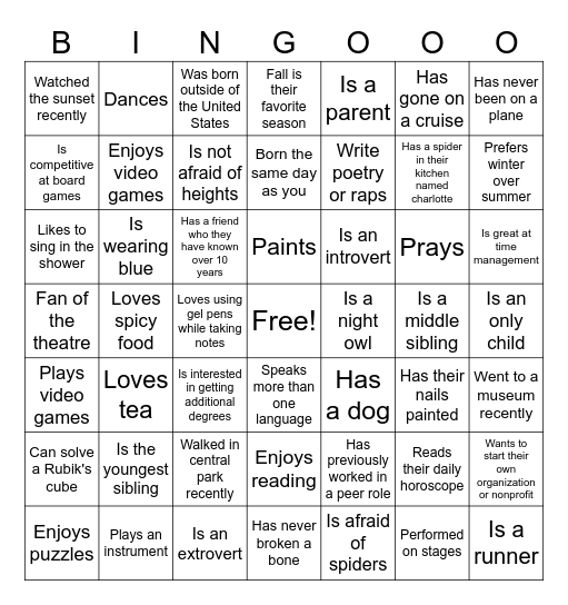 Howie the Harp Welcome Week Human Bingo Card