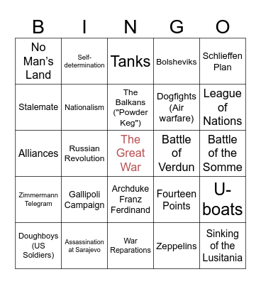The War to End All Wars Bingo Card