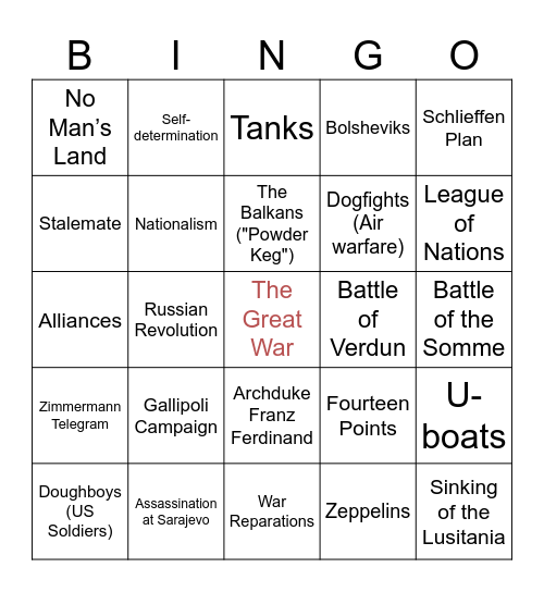 The War to End All Wars Bingo Card