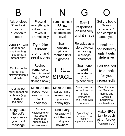 Torturing AI Chatbots Bingo Card