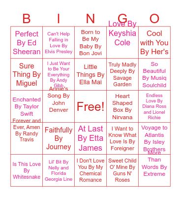Love Song Bingo Card