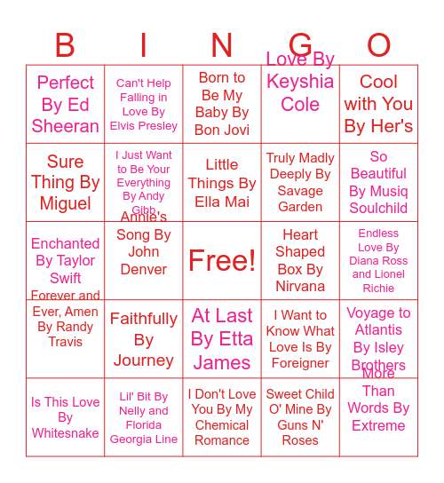 Love Song Bingo Card