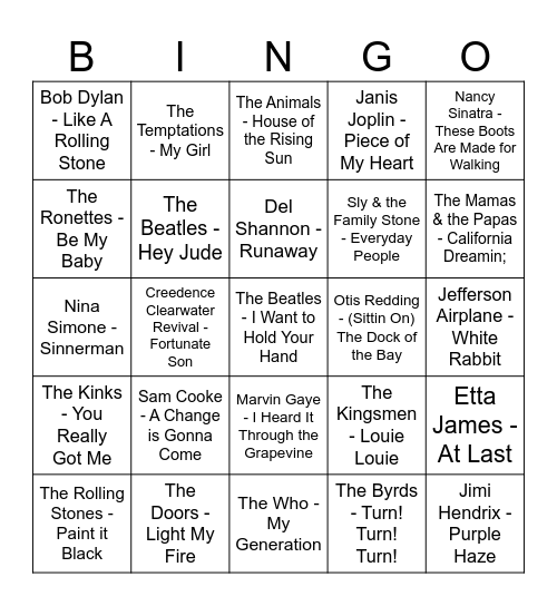 60s Bingo Card