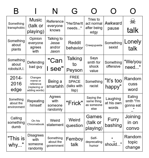 Xavier Bingo Card