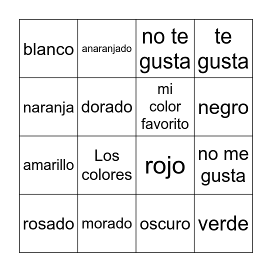 Los colores Bingo Card