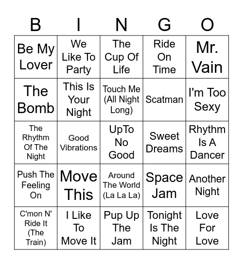 90s Dance Bingo Card