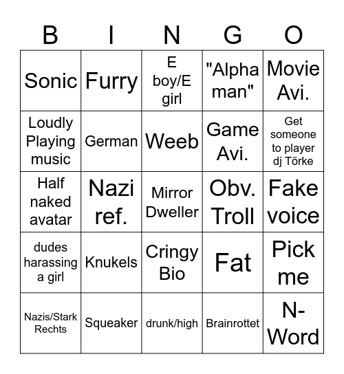 VrChat Freako Bingo Card