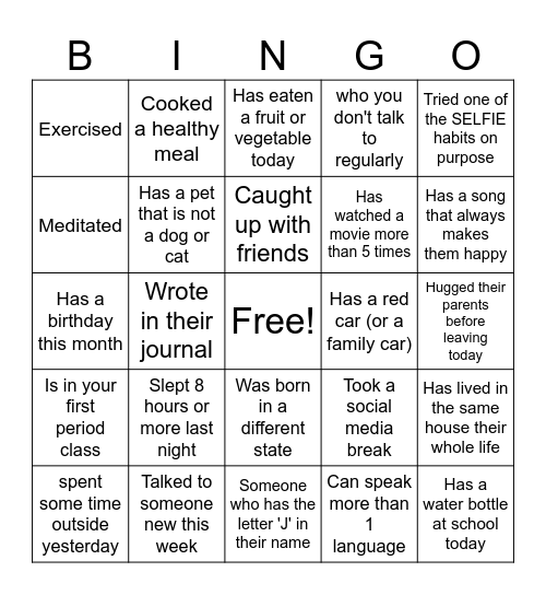 SELFIE - INTERACTIVE Bingo Card