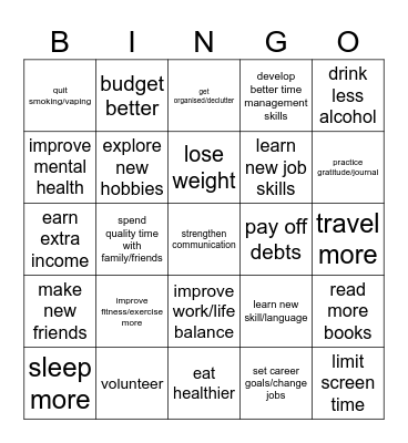 Top 25 New Year Resolution Bingo Card