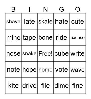 BINGO Magic E Bingo Card
