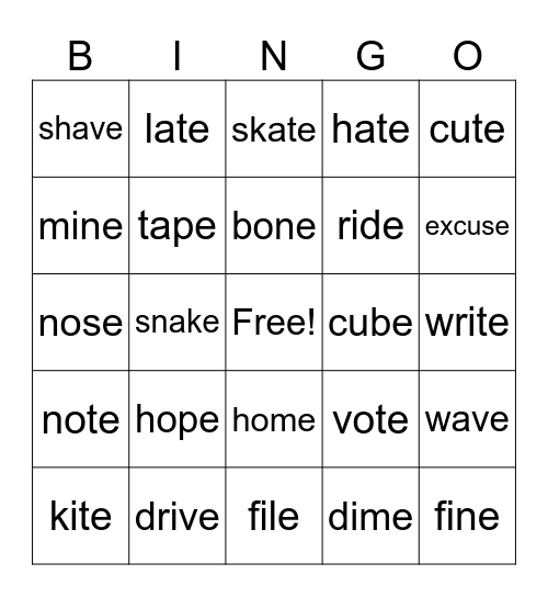 BINGO Magic E Bingo Card