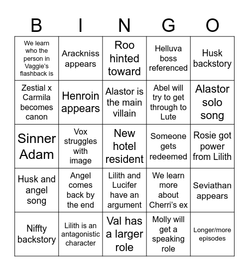 Hazbin Season 3 Bingo Card