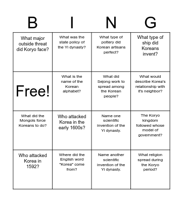 Korea: 925-1600 C.E. Bingo Card