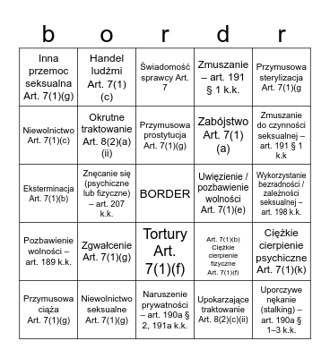 Border kicia bing (definicje zbrodni MTK + definicje zbrodni z prawa polskiego) Bingo Card
