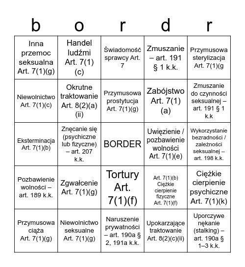 Border kicia bing (definicje zbrodni MTK + definicje zbrodni z prawa polskiego) Bingo Card