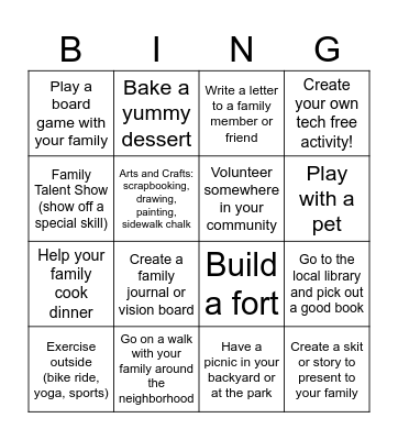 Terrific Tech-Free Activities Bingo Card