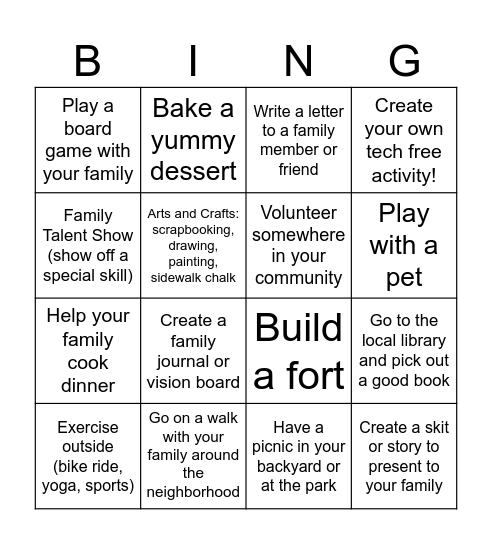 Terrific Tech-Free Activities Bingo Card
